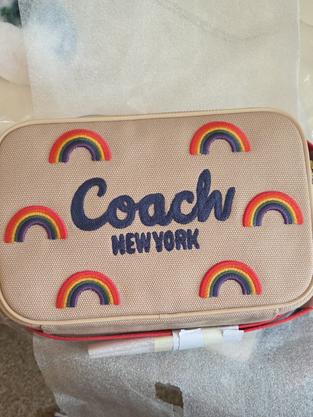 NWT Coach THEO Camera Pride  Crossbody Bag - Beige with Multicolor Rainbows